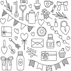 Vector set in the doodle style. Simple images of festive elements in the form of flags, sweets, gift boxes, keys, plants and flowers for a wedding or valentine's day.