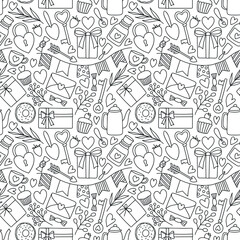 A seamless vector pattern with cute hand-drawn elements in the doodle style. An illustration for creating wallpaper, textiles, gift packaging for a wedding or valentine's day.