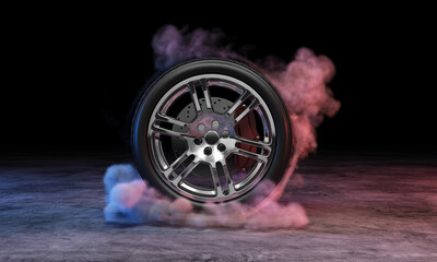 Car wheel in smoke at concrete dark background