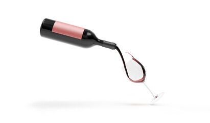 Red wine is poured from bottle into a glass on white background