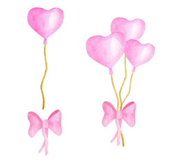 Watercolor balloons illustration set. Bunch of pink heart shaped air balloons with cute bow. Hand drawn party clipart for kids, baby girl Birthday celebration, wedding isolated on white background.