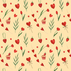 Cute watercolor pattern with hand-drawn elements. An illustration with the image of hearts and flowers for the design of a poster, wallpaper and other printed products for a wedding or Valentine's day