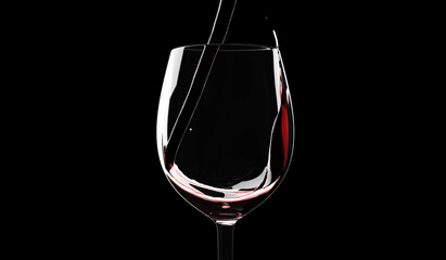 Macro view of Red wine is poured  into a glass with splash on black background