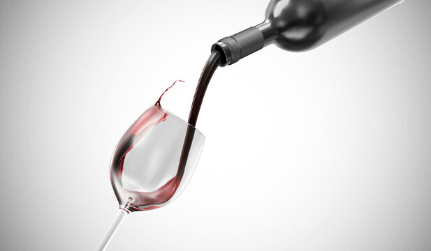 Red wine is poured from bottle into a glass on gradient background