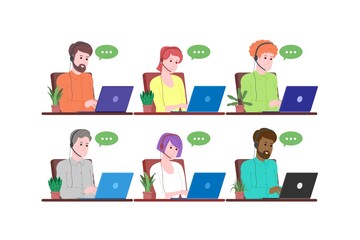 Call center, customer service, support and assistance landing page. Hotline man and woman operator with headsets and laptop. Concept of telemarketing and consultation. Cartoon vector illustration.