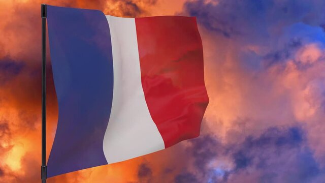 France flag on pole with sky background seamless loop 3d animation