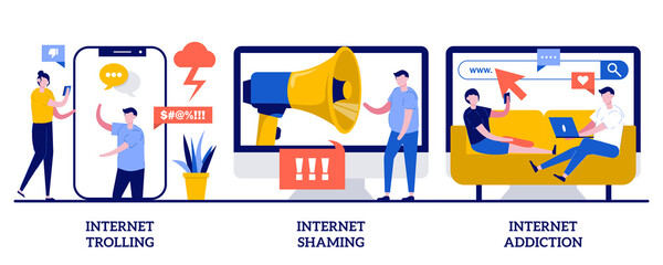 Internet trolling, shaming and addiction concept with tiny people. Social media behavior abstract vector illustration set. Digital harassment, stalking and bullying, emotional message metaphor