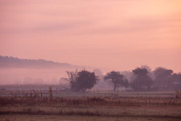 Foggy morning in the village. The rural landscape before sunrise
