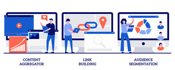 Content aggregator, link building, audience segmentation concept with tiny people. Content marketing vector illustration set. Page rank, target audience, digital ad campaign, hyperlink metaphor