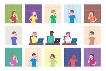 Call center, customer service, support and assistance landing page. Hotline man and woman operator with headsets and laptop. Concept of telemarketing and consultation. Cartoon vector illustration.