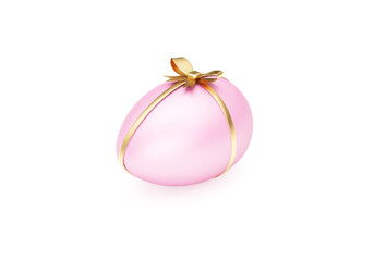 Happy Easter Concept. Big Pink Easter Egg with Golden Ribbon and Bow isolated on white background