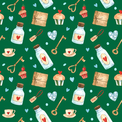Cute watercolor pattern with bottles, keys, gifts and hearts. Seamless illustration for printing on wallpaper, fabric, postcards and posters for a holiday, wedding or Valentine's day.