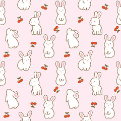 Seamless Pattern with Rabbit and Cherry Illustration Design on Light Pink Background