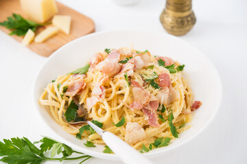 Spaghetti carbonara with bacon-traditional Italian dish