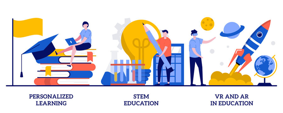 Personalized learning, stem education, VR and AR in education concept with tiny people. Futuristic technology abstract vector illustration set. Personal studying program, academic system metaphor