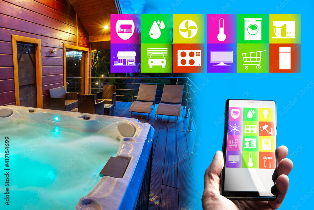 Poster modern cottage with iot technology. concept of interacting with home through app in phone. home cont