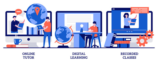 Online tutor, digital learning, recorded classes concept with tiny people. Personal learning vector illustration set. Video call, webinar, smart classroom, training courses, elearning metaphor - obrazy, fototapety, plakaty