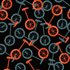 Random seamless pattern with blue and pink circus bicycle ornament. Black background. Contrast transport print. © Purple_Lamp
