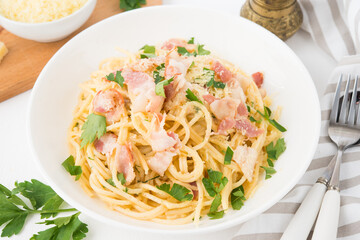 Spaghetti carbonara with bacon-traditional Italian dish