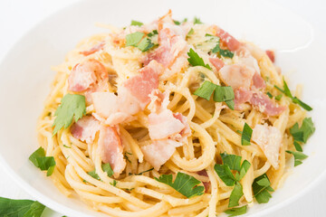 Spaghetti carbonara with bacon-traditional Italian dish
