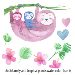 Watercolor cute sloths family set. Sleepy animal, lazy, jungle animals, tropical forest, lianas, tropical flowers, baby sloth. Father's Day. Mother's Day. Dad mom and baby.  © Darya_s
