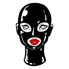 Fototapeta premium Sexy attractive elegant vintage BDSM girl in latex hood, mask. Isolated on white background. Graphic erotic illustration. 