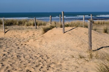 Dune de sable herbeuse de la plage de Ty Hoche à Plouharnel face à l'océan Atlantique