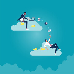 Businessman using computer upload and download information and data on cloud computing technology network, work from anywhere