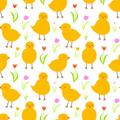 Happy Easter. Vector Easter seamless pattern with chickens, tulips. Cute baby chickens on white background. Home kitchen textile, wrapping paper, wallpapers, decoration.