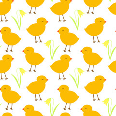 Happy Easter. Vector Easter seamless pattern with chickens, tulips. Cute baby chickens on white background. Wrapping paper, wallpaper, background, textile.