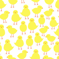 Cute chicken seamless pattern. Easter yellow chickens on white background. Cartoon pattern in yellow colors. Wrapping paper, Easter decor, invitations. textile.