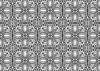 coloring pattern drawn on a white background with ornaments and flowers in folk style, vector, tile, mosaic