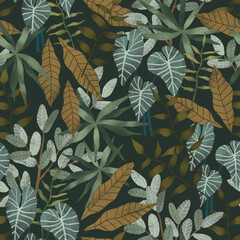 Tropical print. Seamless pattern with hand drawn exotic leaves and trees on a dark background