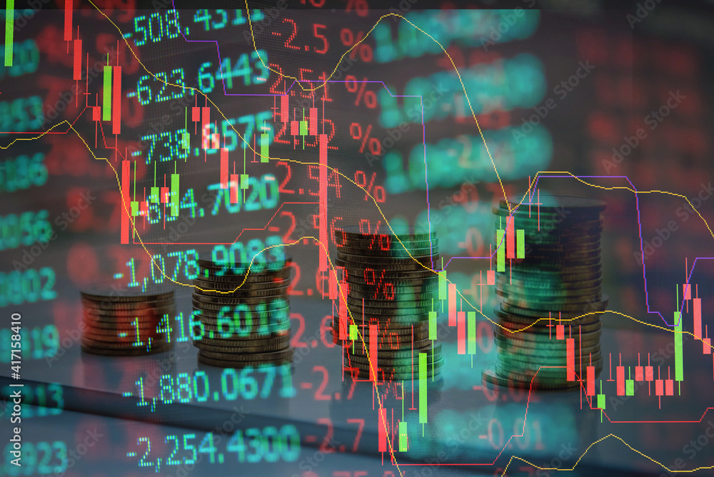 Poster stock market data on digital led display. fundamental and technical analysis with candle stick graph