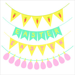 Easter garland set. Happy Easter. Lettering. Colorful garlands hanging on white background. Stickers, holiday decor, invitations, banner, textile. Vector stock illustration.