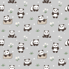 Seamless Pattern with Cute Panda Illustration Design on Grey Background