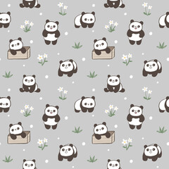 Seamless Pattern with Cute Panda Illustration Design on Grey Background