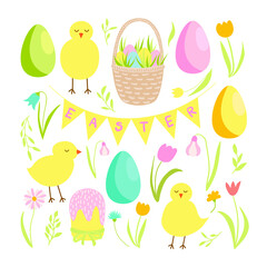 Easter vector clip art set. Happy Easter. Different kinds of vector element for April holiday decor. Baby chickens, wicker picnic basket, coloured eggs, garlands, cake, tulips, flowers, leaves.