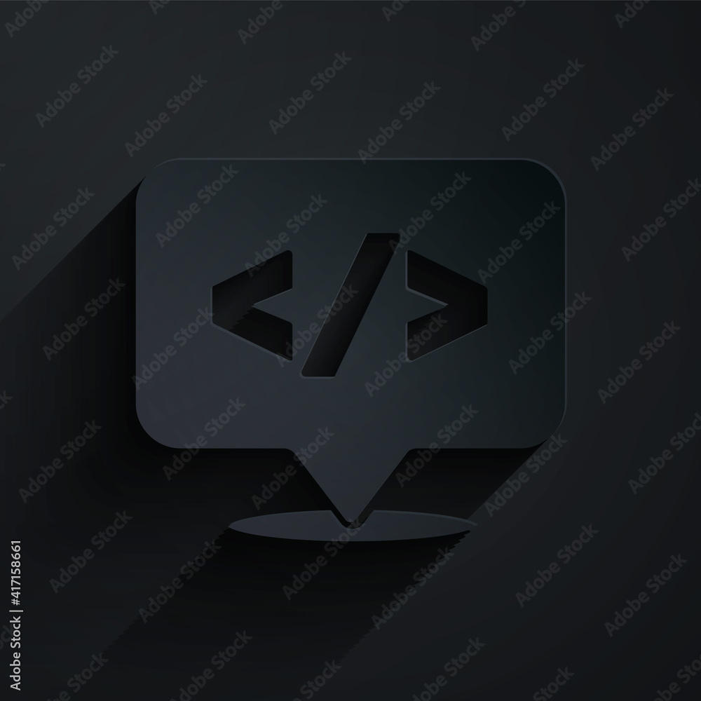 Poster paper cut web design and front end development icon isolated on black background. paper art style. v