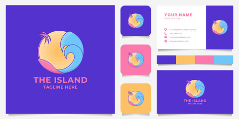 Colorful island, coconut tree, wave, sun, and beach logo illustration with icon, color palette, and business card