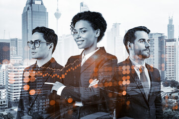Group of business colleagues in suits as a part of multinational corporate team working on forecasting trading corporate strategy at fund. Forex chart. Kuala Lumpur on background. Double exposure