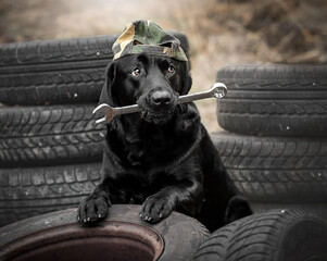 labrador hilft beim Reifenwechsel