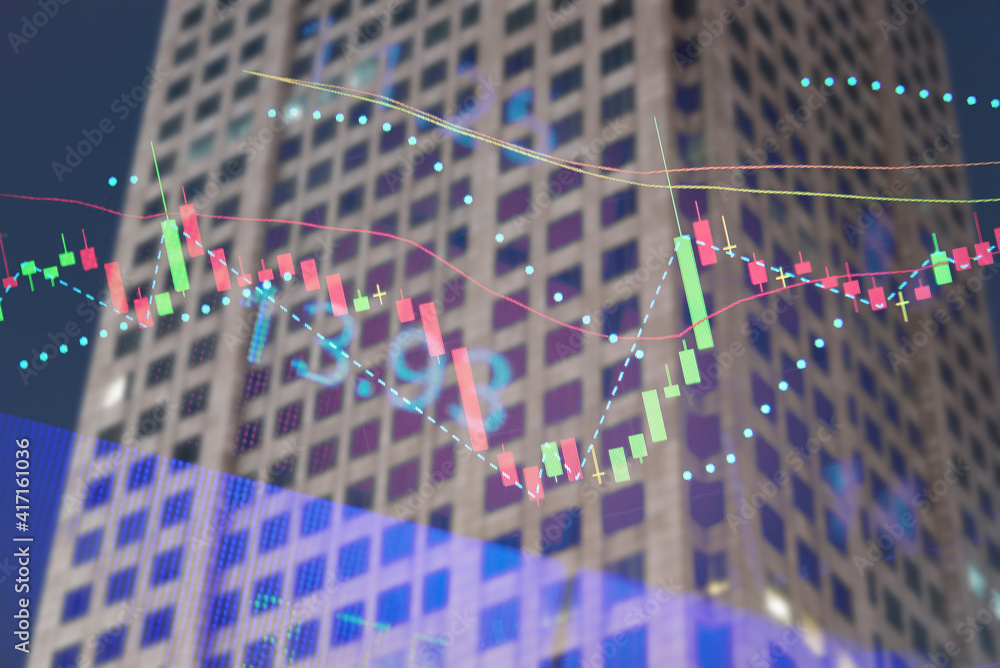 Poster stock market data on digital led display. fundamental and technical analysis with candle stick graph