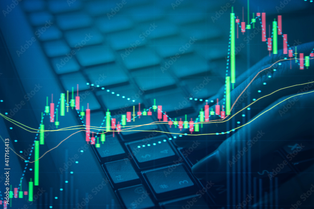 Poster stock market data on digital led display. fundamental and technical analysis with candle stick graph
