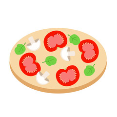 Flat style cartoon pizza with tomatoes and mushrooms. Vector stock illustration.