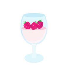Cartoon dessert in a glass cup with strawberries flat style. Vector stock illustration.