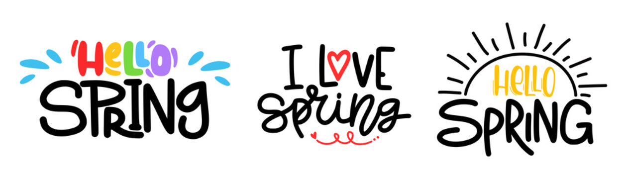 Hello and i love spring. Set of different phrases. Collection of hand drawn lettering. Words isolated on white background for decoration, design, print.