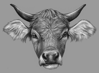 Cow head isolated on grey background. Pencil drawing