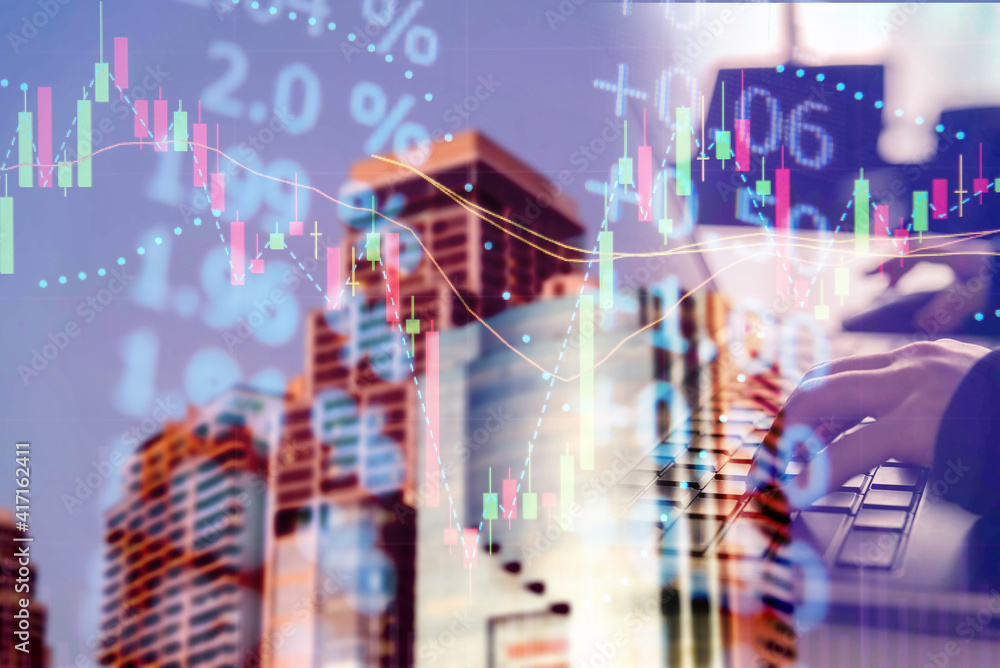 Poster stock market data on digital led display. fundamental and technical analysis with candle stick graph