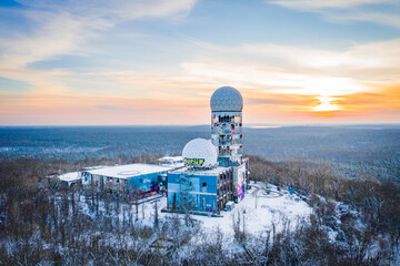  aerial view on abandoned surveillance station during sunset - obrazy, fototapety, plakaty